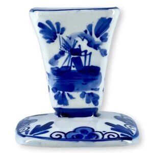 Vtg Delft Blue Hand Painted Windmill MCM Floral Candlestick Holland 2.7"